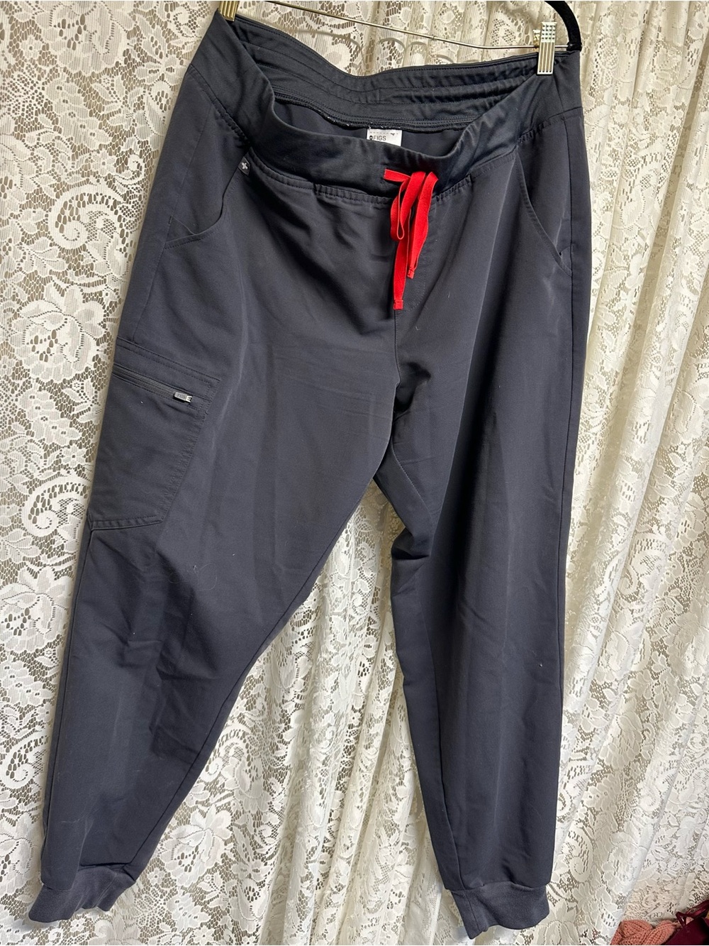 Figs Charcoal Grey With Red Drawstring High Rise Jogger Scrub Pants